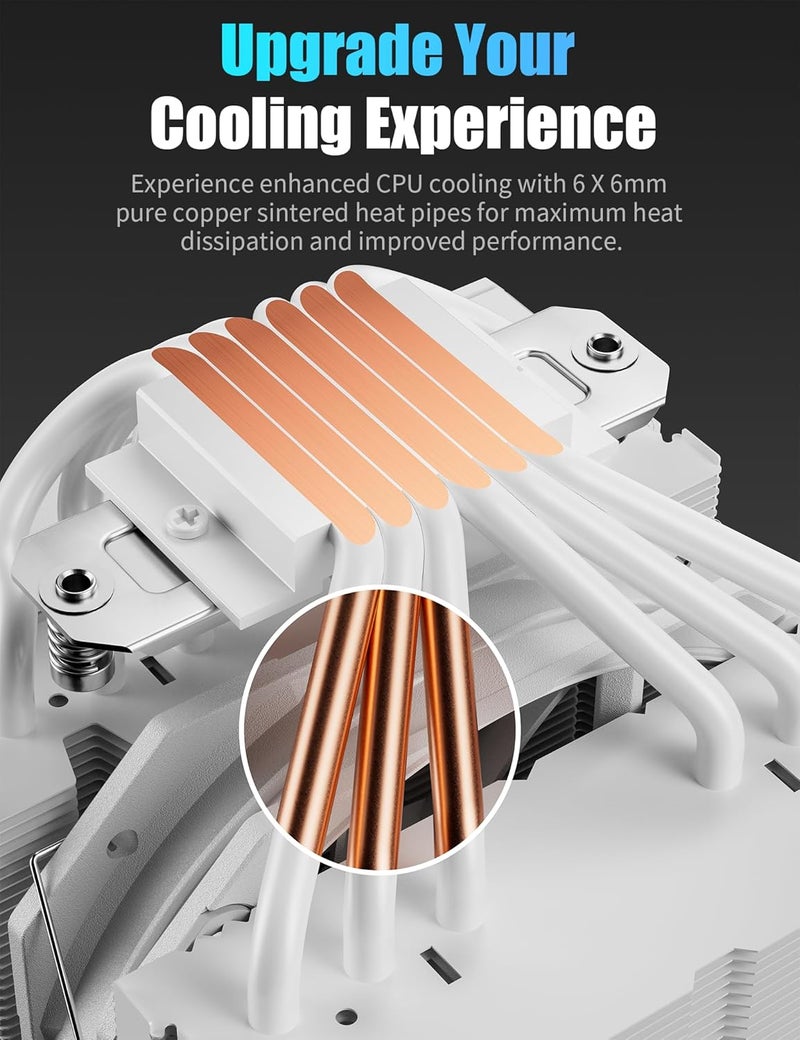 upHere CPU Cooler Air, Dual Tower CPU Cooler with 120mm PWM Fan, 6 Heat Pipes CPU Air Cooler for AM5/AM4/AM3, Cooler for PC Compatible with Intel LGA 1700/1150/2011/2066/1151/1155/1156(White) - Image 2